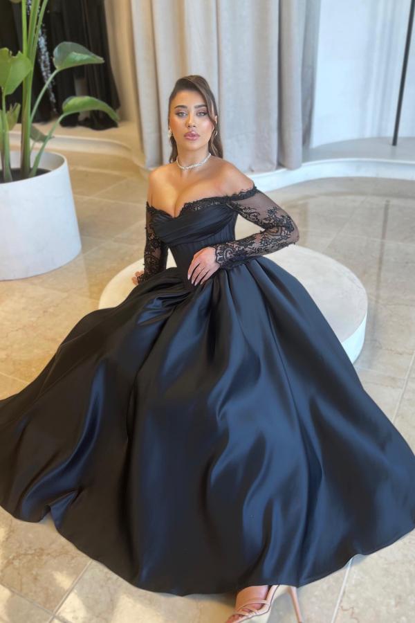 Black Long A-line Off the Shoulder Satin Prom Dresses with Lace Sleeves