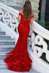 Long Off the Shoulder Backless Appliques Lace Mermaid Prom Dress