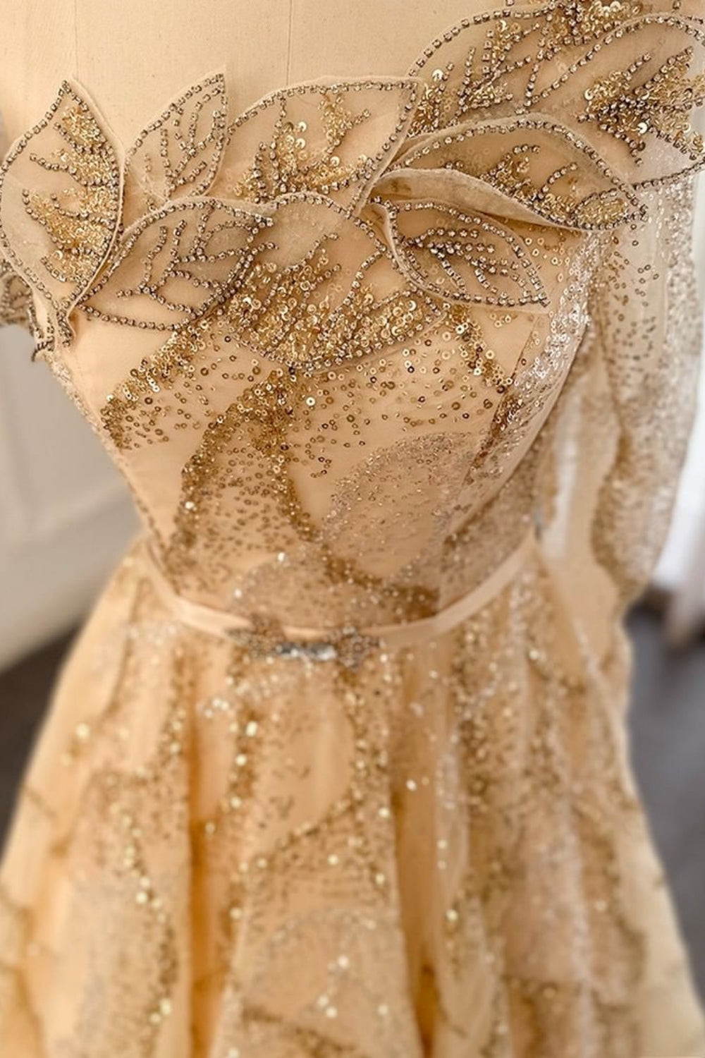 Luxury Long A-line One Shoulder Shiny Sequins Formal Prom Dress with Sash