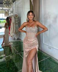 Long Mermaid Strapless Satin Beaded Prom Dress with Slit