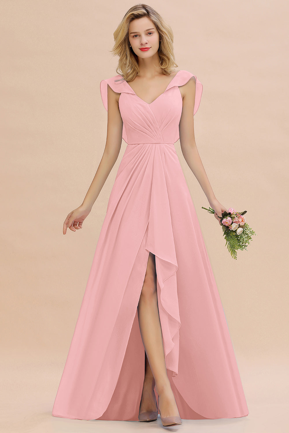 Simple High Low A-line V-Neck Ruffles Chiffon Bridesmaid Dress