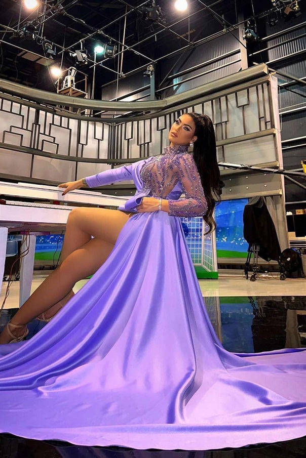 Short High Neck Long Sleeve Appliques Mermaid Satin Party Dress with Train