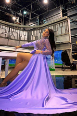 Short High Neck Long Sleeve Appliques Mermaid Satin Party Dress with Train