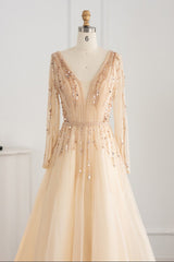 Long A-line V-neck Sequins Beading Tulle Formal Prom Dresses with Sleeves