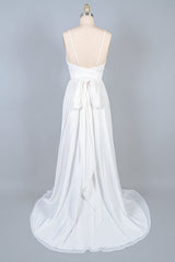 Long V-neck Front Slit Lace Chiffon Sheath Wedding Dress