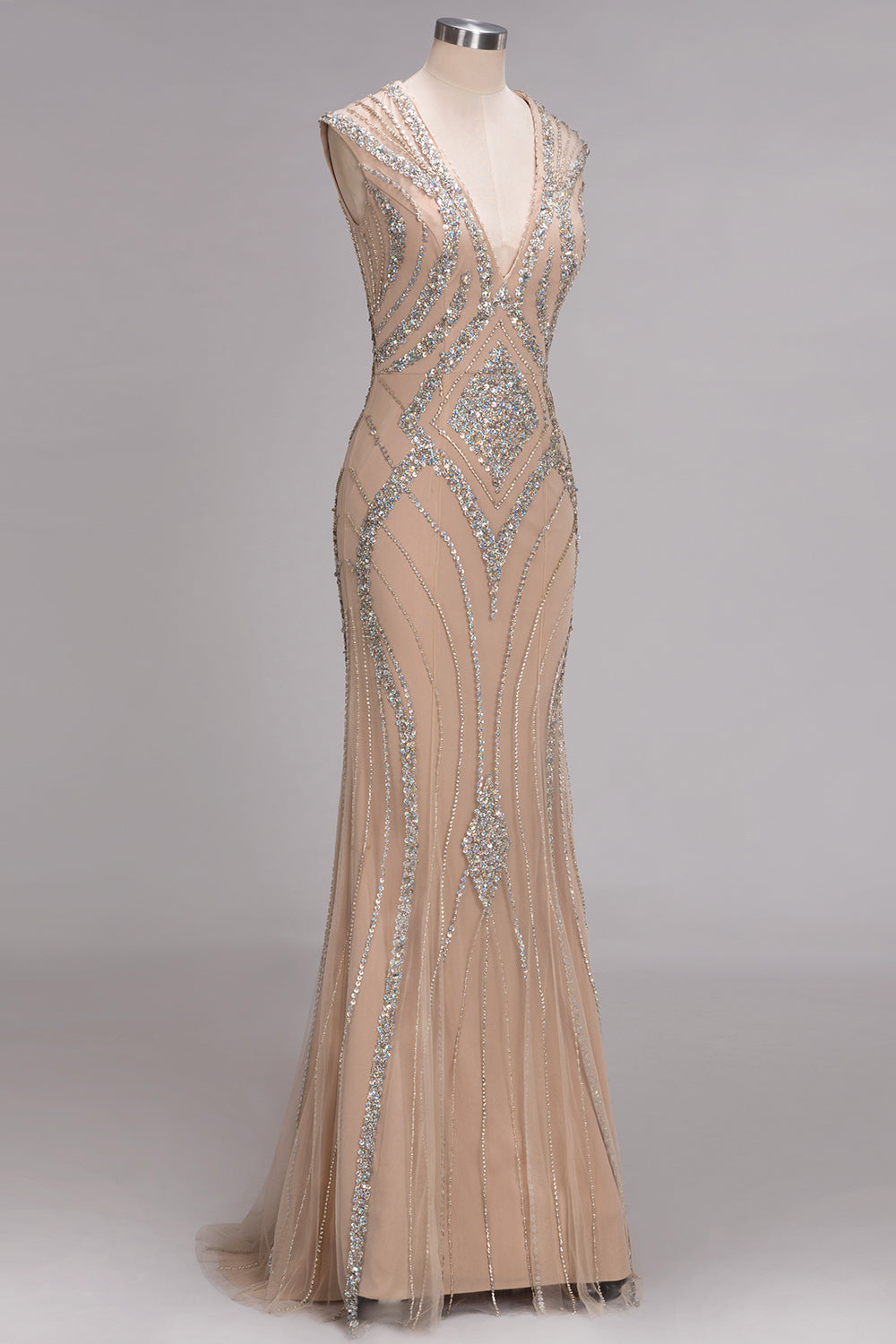 Long Mermaid V-neck Floor Length Sleeveless Sequins Prom Dresses