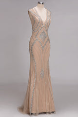 Long Mermaid V-neck Floor Length Sleeveless Sequins Prom Dresses