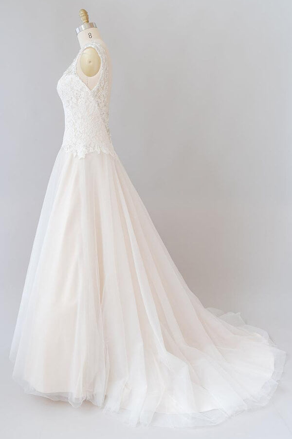 Elegant Long Sweetheart Open Back Lace Tulle A-line Wedding Dress