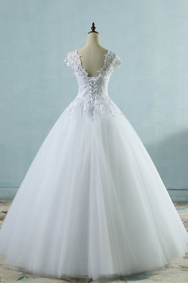 Long Ball Gown Appliques Lace Cap Sleeve Tulle Wedding Dress