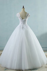Long Ball Gown Appliques Lace Cap Sleeve Tulle Wedding Dress