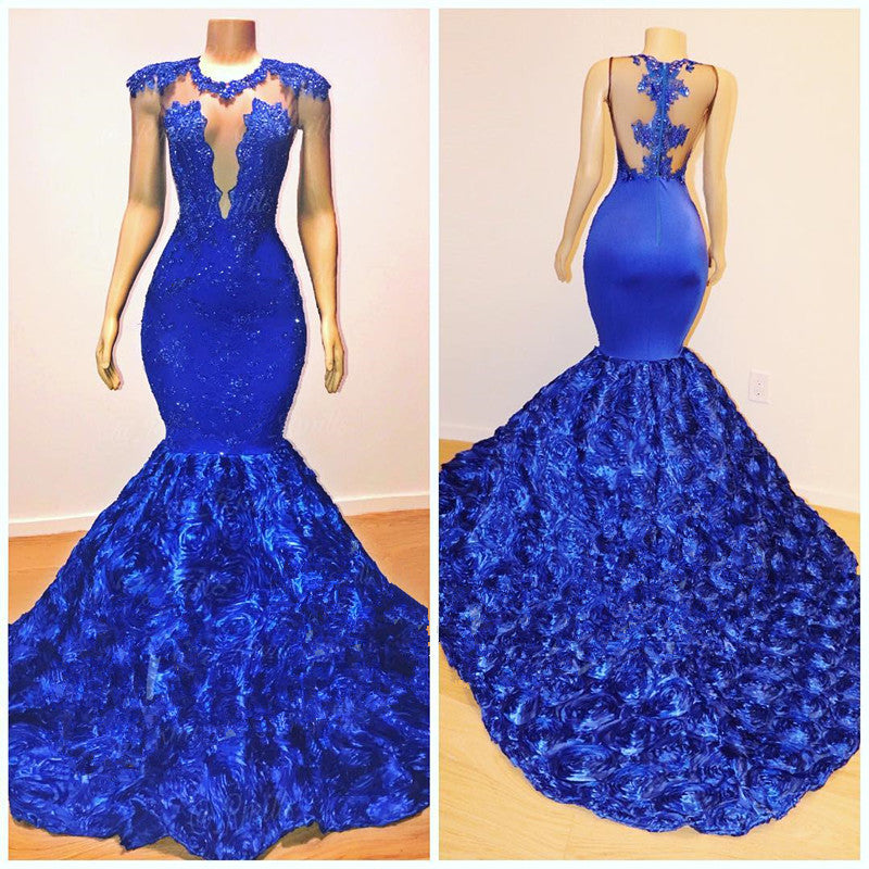 Sexy Royal Blue Long Appliques Sleeveless Flowers Mermaid Prom Dresses
