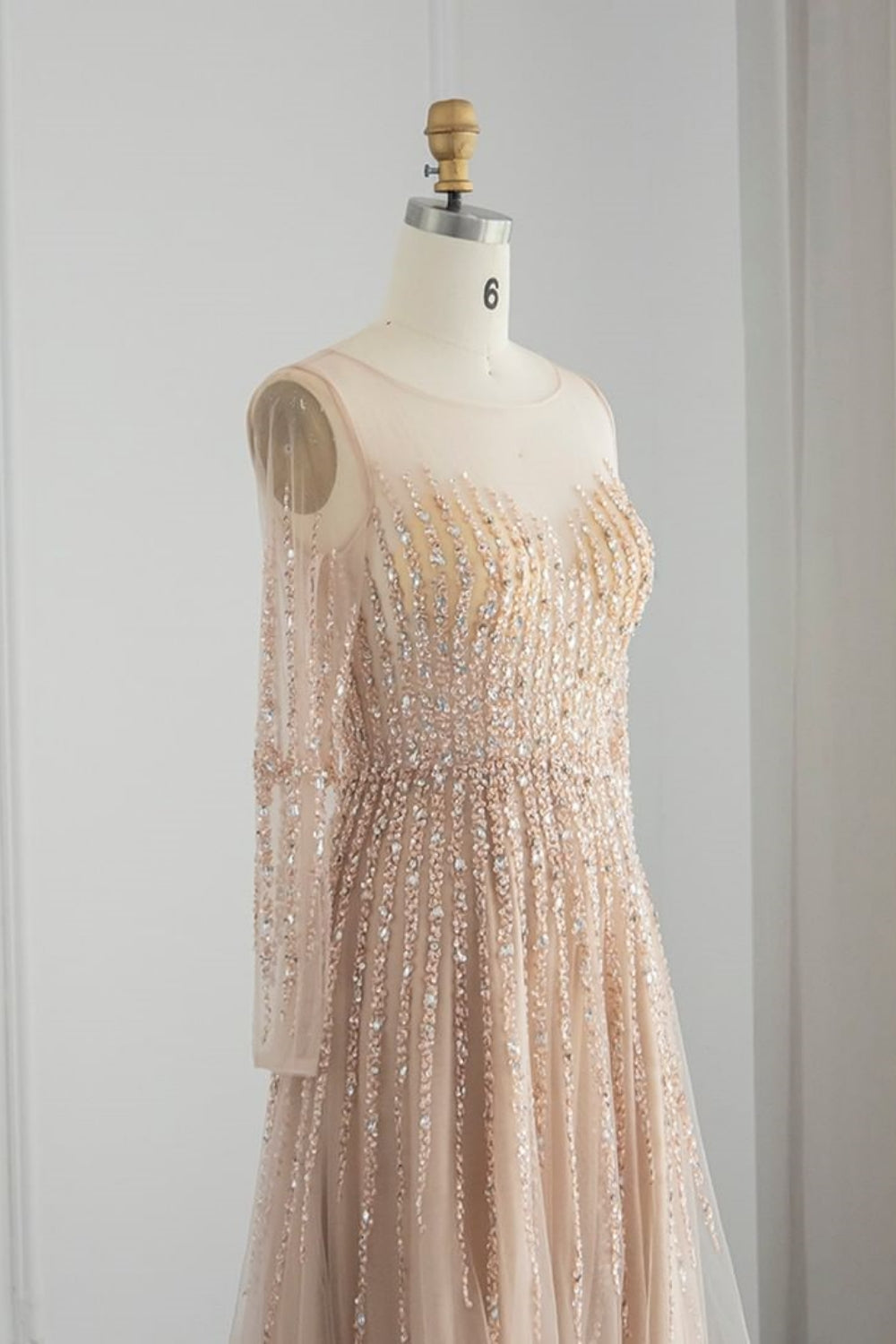 Long A-line Jewel Sequins Tulle Formal Prom Dresses with Sleeves