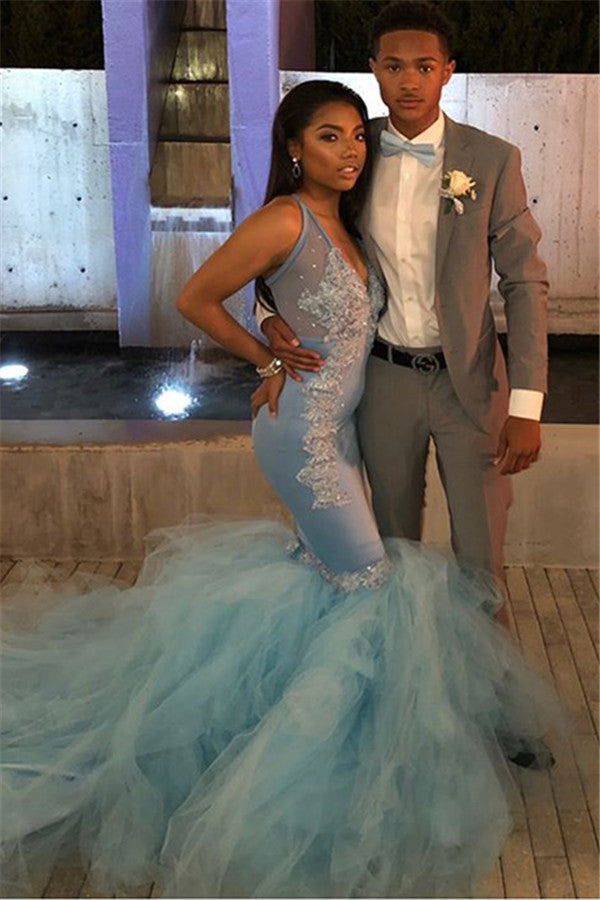 Long V-neck Spaghetti Straps Appliques Lace Backless Mermaid Prom Dress