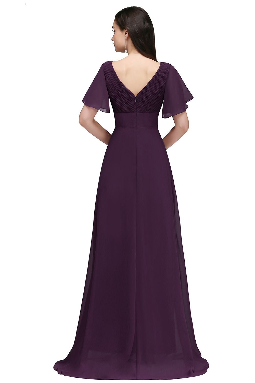 A-line Ruffle Chiffon V-Neck Long Bridesmaid Dress with Sleeves