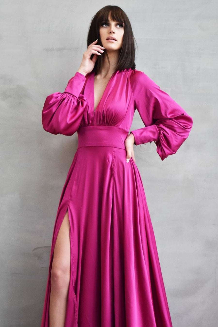 Dark Green Long A-line V-neck Front Slit Prom Dresses with Sleeves