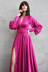 Dark Green Long A-line V-neck Front Slit Prom Dresses with Sleeves