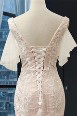 Long V-Neck Short Sleeve Appliques Mermaid Wedding Dress