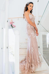 Long Mermaid Spaghetti Straps Prom Dresses with Appliques Lace