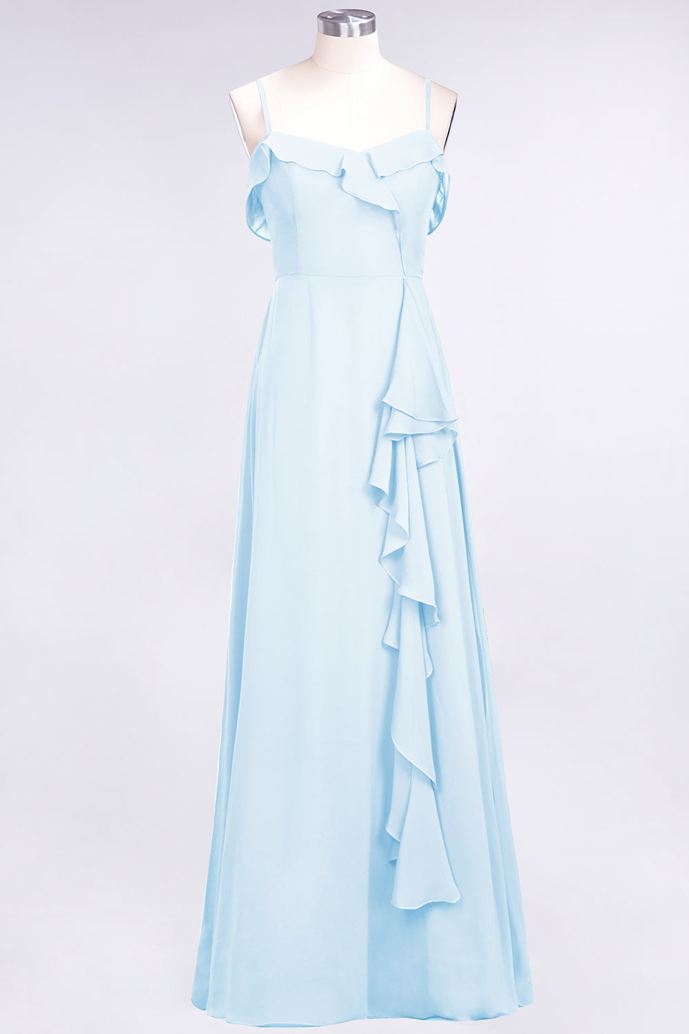 Spaghetti Straps A-Line Chiffon Backless Floor Length Prom Dress With Ruffles