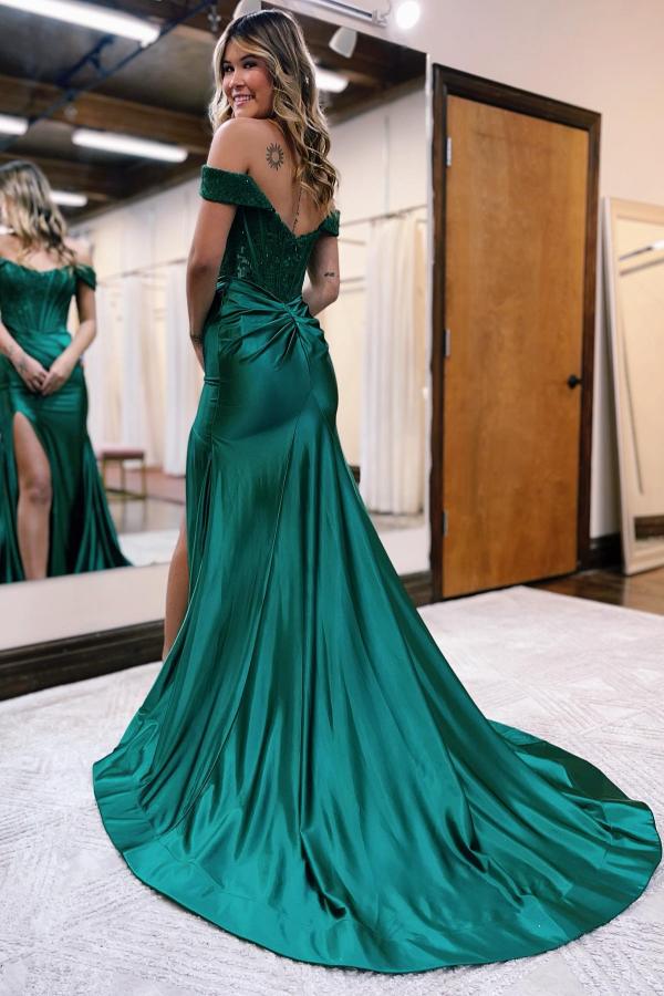 Black Long Mermaid Off the Shoulder Satin Lace Prom Dresses with Slit