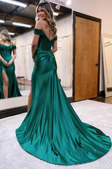 Black Long Mermaid Off the Shoulder Satin Lace Prom Dresses with Slit