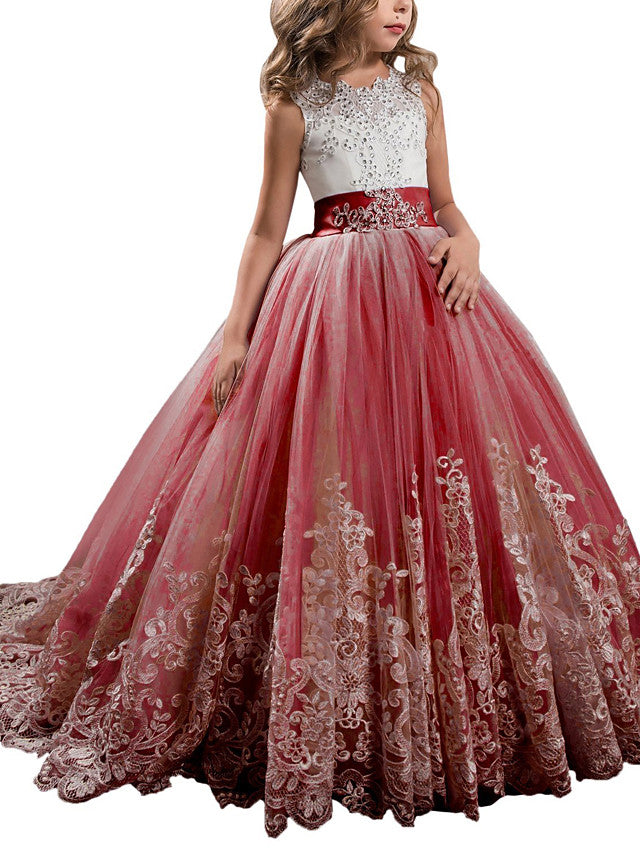 Long Ball Gown Tulle Lace Jewel Neck Pageant Flower Girl Dresses With Bow(S)