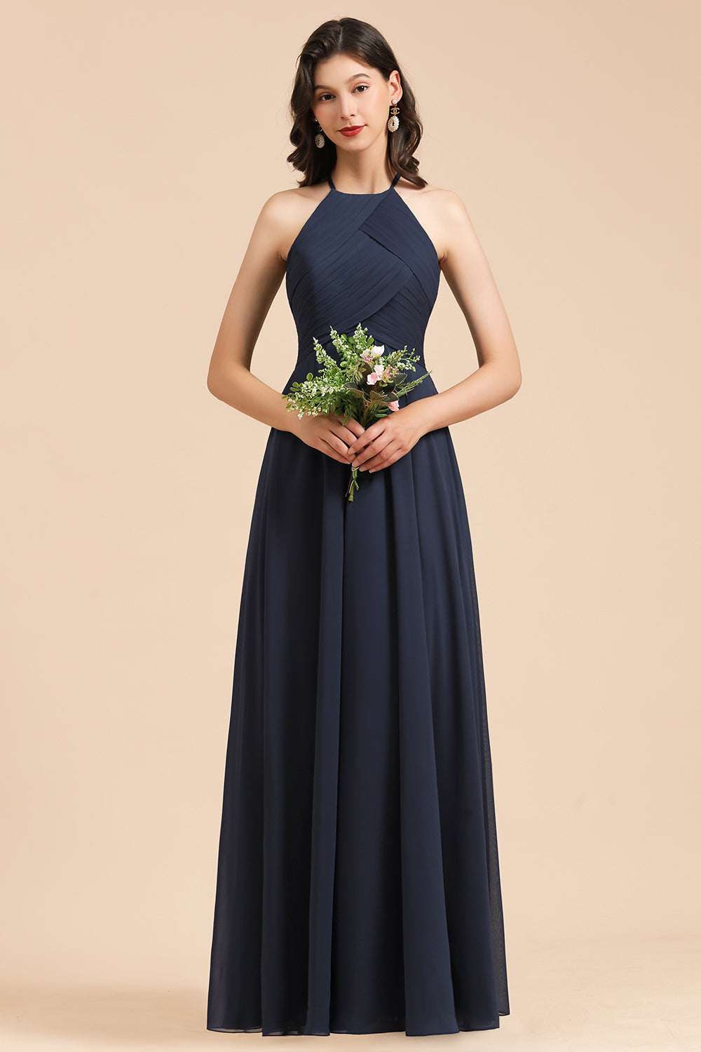 Long A-line Halter Chiffon Bridesmaid Dress Dark Navy Evening Maxi Dress