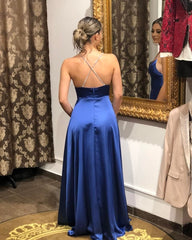 Long A-line V-neck Satin Spaghetti Straps Open Back Prom Dress with slit