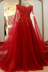 Charming Long Off the Shoulder Appliques Beading Tulle A-Line Prom Dress