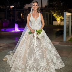 Elegant Long A-line V-neck Lace Floral Wedding Dresses