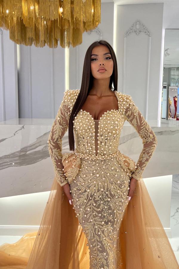 Mermaid Long Sleeves Sweetheart Tulle Prom Dress with Detachable Train