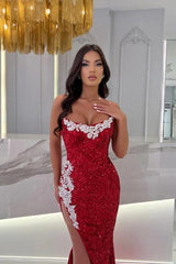 Elegant Long Mermaid Sweetheart Sequined Lace Formal Prom Dresses with Slit