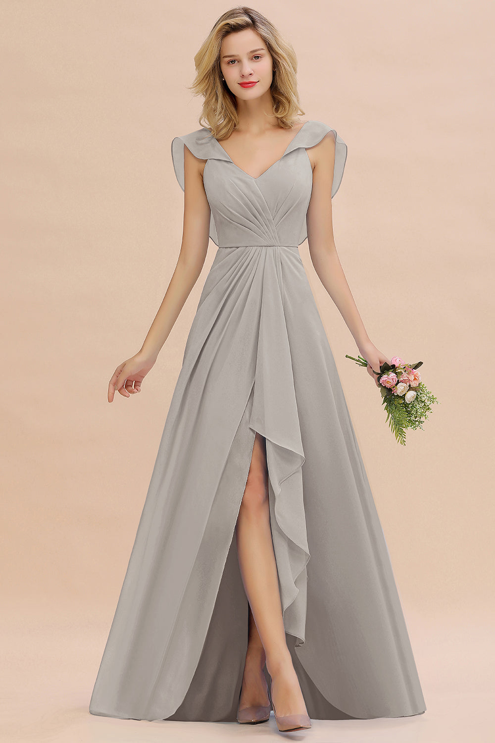 Simple High Low A-line V-Neck Ruffles Chiffon Bridesmaid Dress
