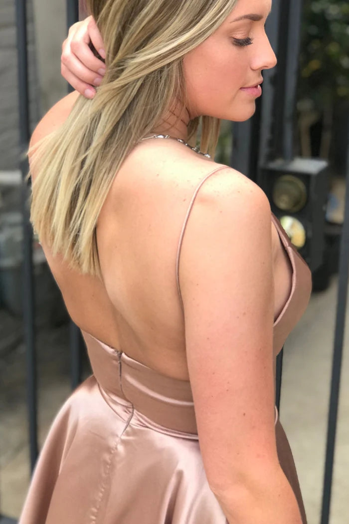 Short A-line V-neck Sleeveless Satin Backless Homecoming Dresses with Pockets
