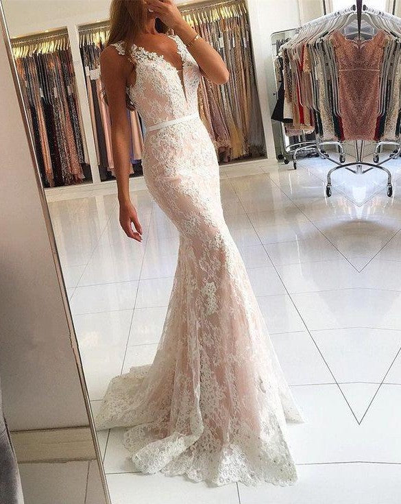 Long V-neck Wide Straps Lace Floor Length Mermaid Prom Dress