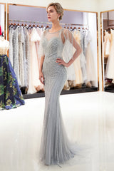 Chic Long Jewel Tulle Mermaid Backless Evening Formal Dresses with Sleeves