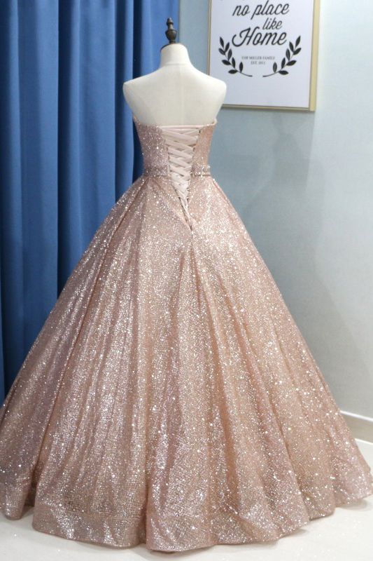 Shiny Long Sweetheart Sequins Floor Length Ruffles Ball Gown Prom Dress