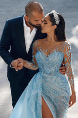 Long Mermaid Sweetheart Sparkle Front Slit Prom Dress with Sleeves