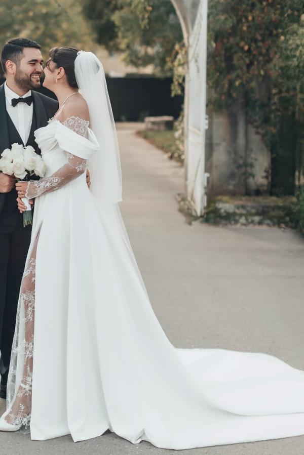 Long Off The Shoulder Split Front A-Line White Wedding Dress with Ruffles