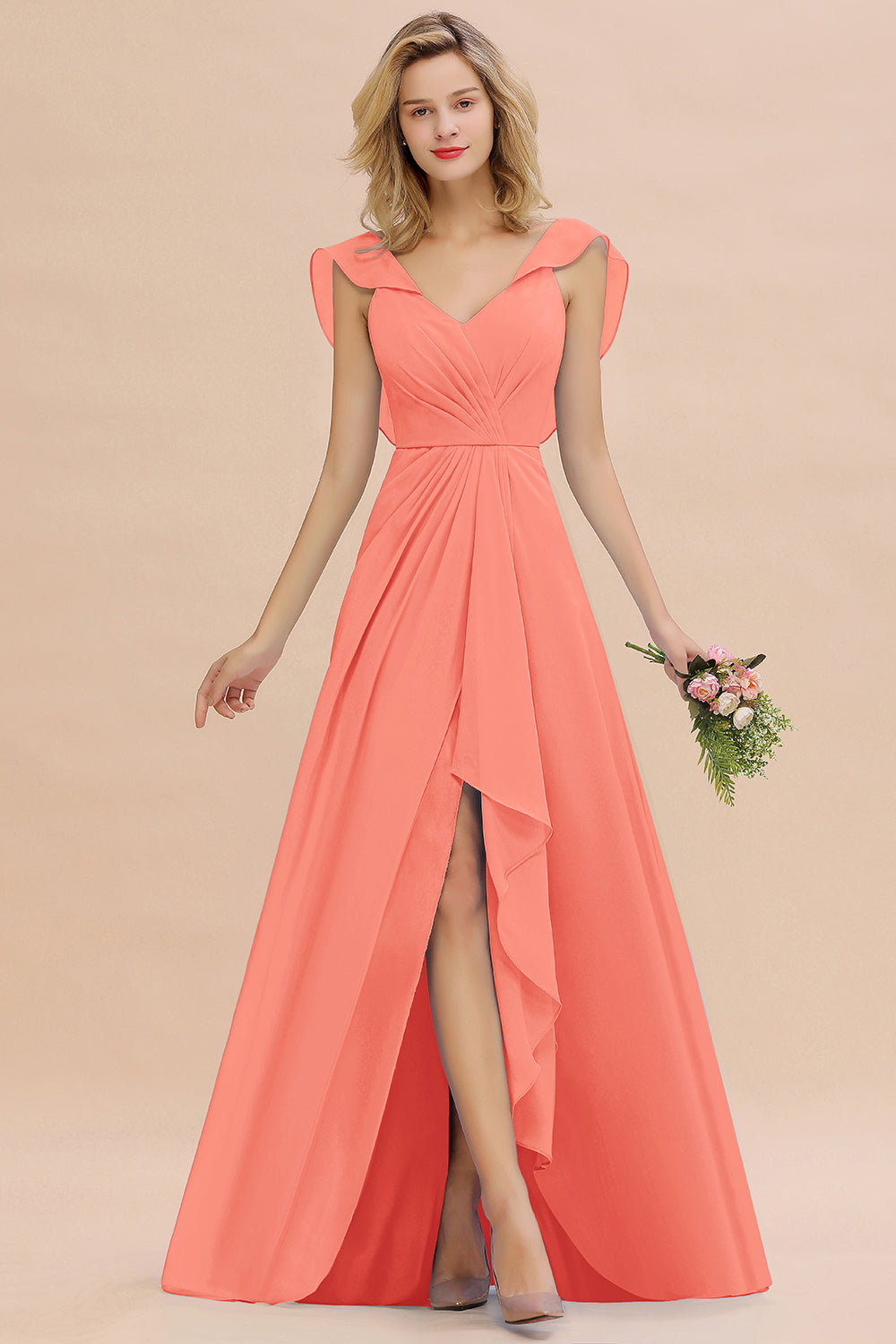 Simple High Low A-line V-Neck Ruffles Chiffon Bridesmaid Dress