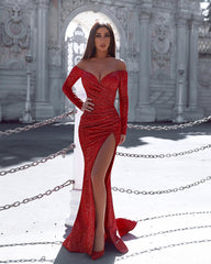 Long Sleeves Mermaid Off the Shoulder Floor Length Prom Dress With Side Slit
