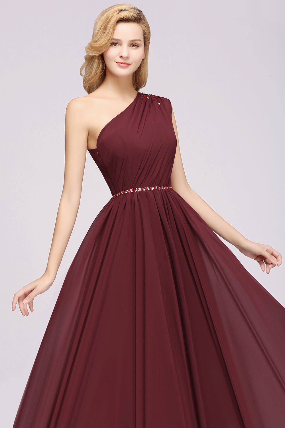 Elegant A-Line Burgundy Chiffon One Shoulder Bridesmaid Dress with Beadings