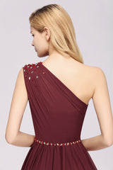 Elegant A-Line Burgundy Chiffon One Shoulder Bridesmaid Dress with Beadings