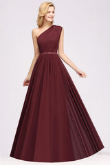 Elegant A-Line Burgundy Chiffon One Shoulder Bridesmaid Dress with Beadings