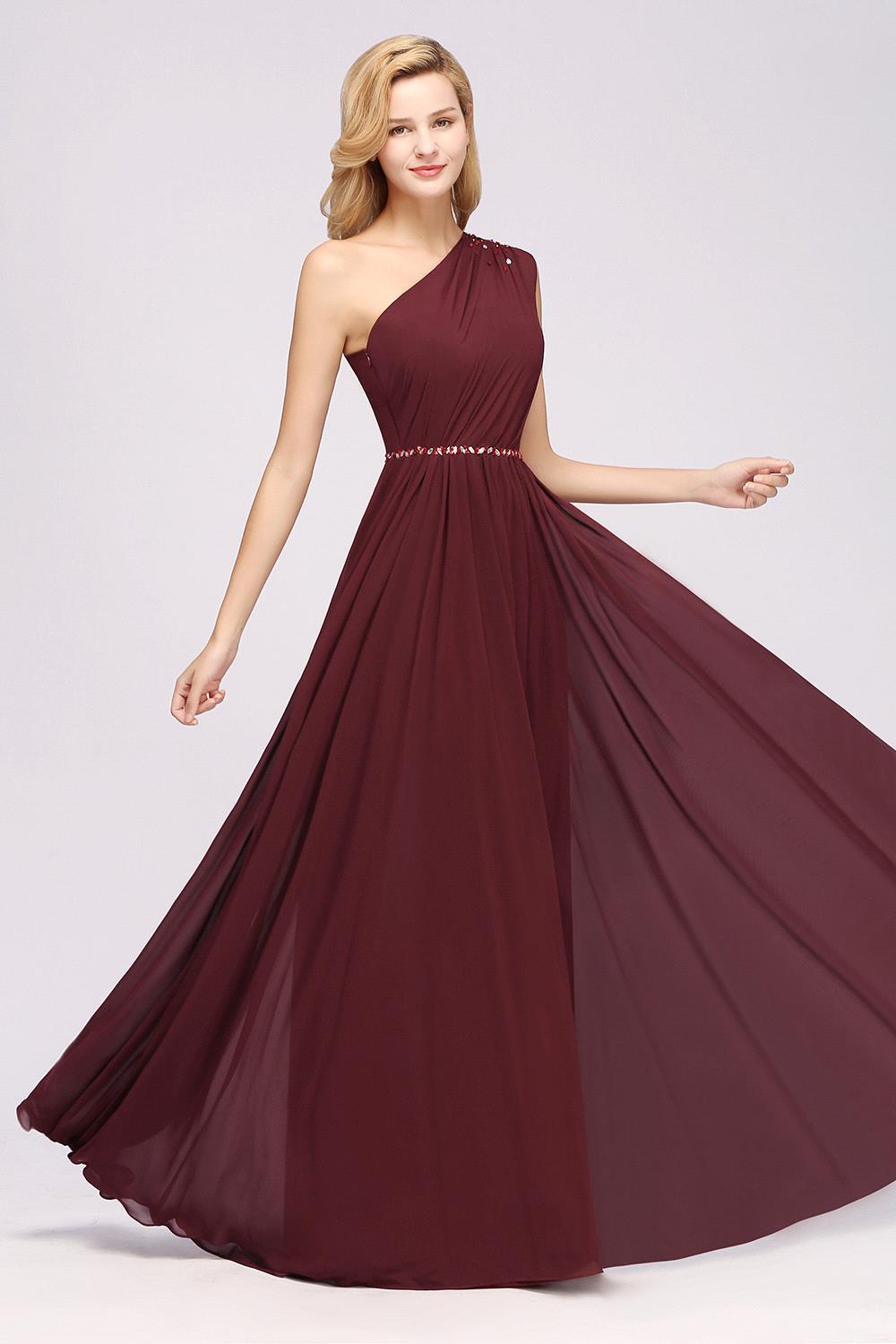 Elegant A-Line Burgundy Chiffon One Shoulder Bridesmaid Dress with Beadings