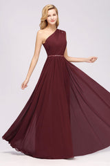 Elegant A-Line Burgundy Chiffon One Shoulder Bridesmaid Dress with Beadings