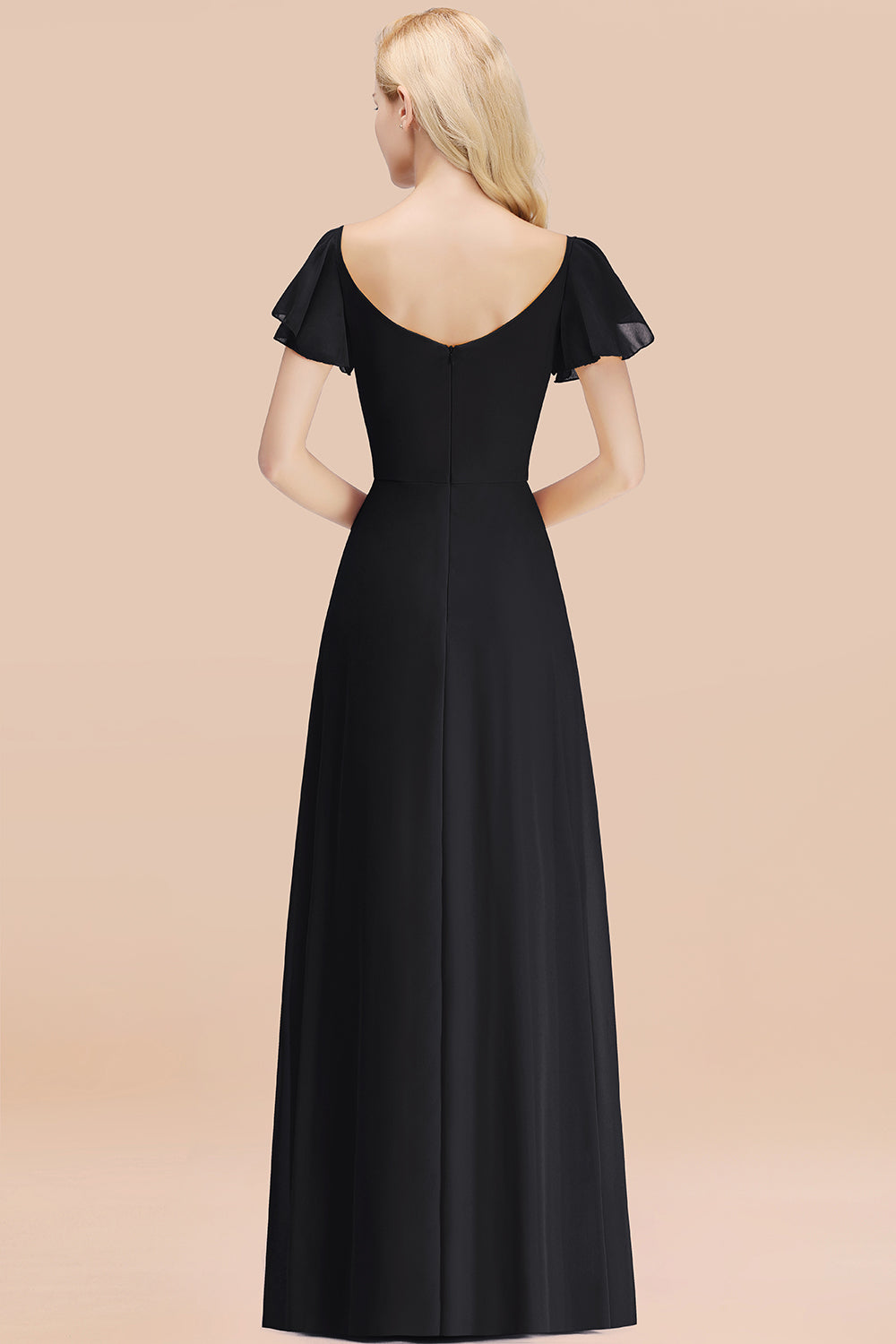 Elegant V Neck Short Sleeves Chiffon A-line Long Black Bridesmaid Dress