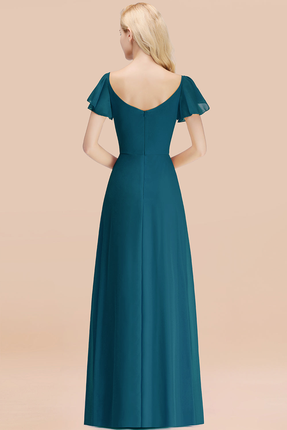 Elegant V Neck Short Sleeves Chiffon A-line Long Ink Blue Bridesmaid Dress