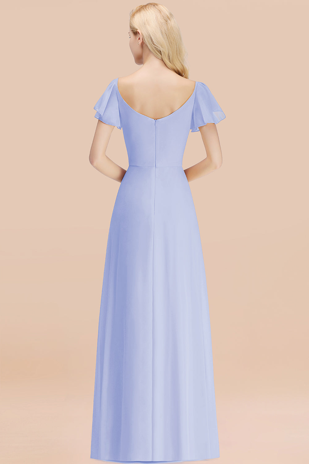 Elegant V Neck Short Sleeves Chiffon A-line Long Lavender Bridesmaid Dress