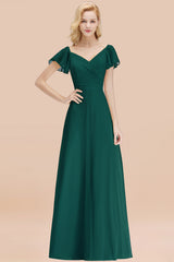Elegant V Neck Short Sleeves Chiffon A-line Long Peacock Bridesmaid Dress